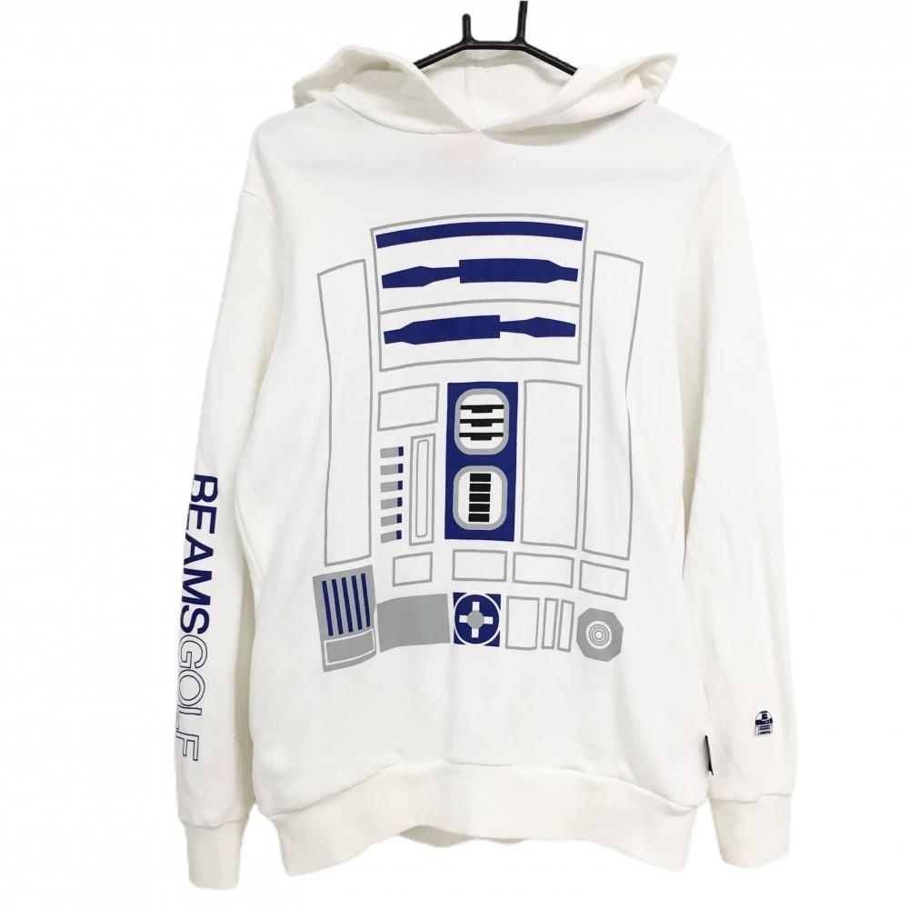 【美品】ビームスゴルフ パーカー 白×ブルー フロントプリント 袖ロゴ メンズ S ゴルフウェア BEAMS GOLF