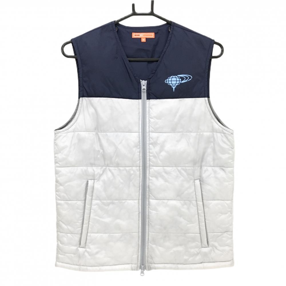【超美品】ビームスゴルフ 中綿ベスト ライトグレー×ネイビー ロゴプリント 蓄熱裏地 メンズ M ゴルフウェア BEAMS GOLF