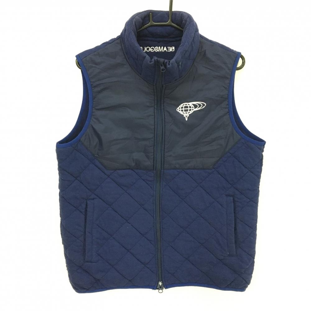 ビームスゴルフ アウターベスト ネイビー×白 切替 キルティング 胸ロゴ メンズ L ゴルフウェア BEAMS GOLF