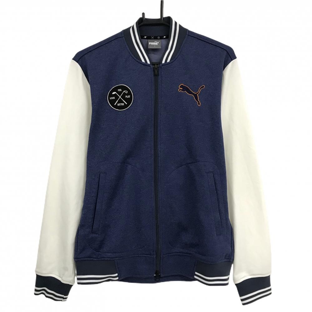 【美品】プーマ ジャケットブルゾン ネイビー×白 DRYCELL ワッペン メンズ M ゴルフウェア PUMA