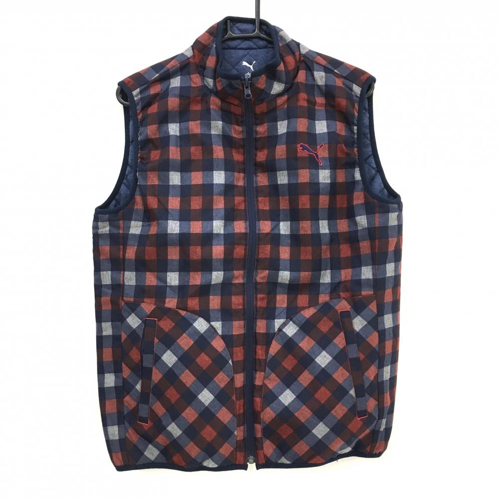 【美品】プーマ 中綿リバーシブルベスト レッド×ネイビー ブロックチェック 片面キルティング メンズ XL ゴルフウェア PUMA