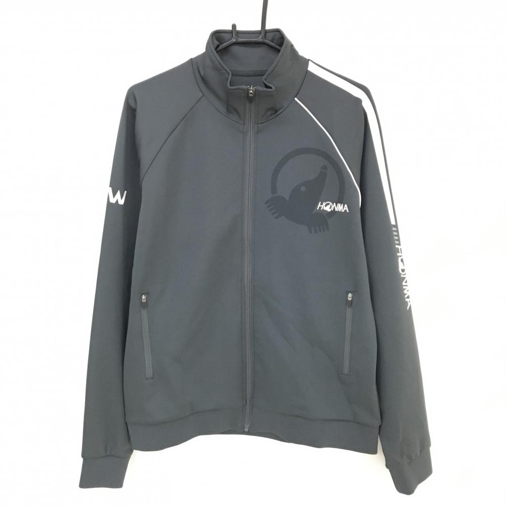 【美品】ホンマ ジャケットブルゾン ダークグレー×白 ロゴプリント  メンズ XL ゴルフウェア HONMA