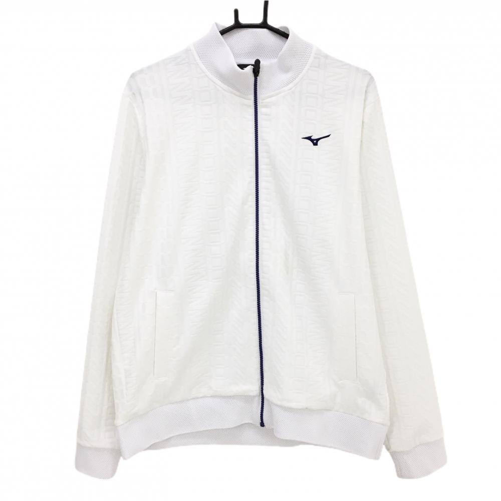 【美品】ミズノゴルフ ジャケット 白 総柄織生地 ネック・裾メッシュ 大きいサイズ メンズ 2XL ゴルフウェア MIZUNO