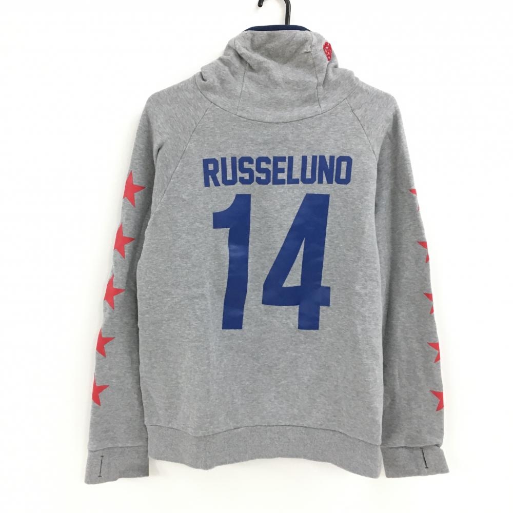 ラッセルノ フード付トレーナー グレー×ブルー ビックプリント サムホール ルチャマスク 裏起毛 メンズ 6(XL) ゴルフウェア RUSSELUNO