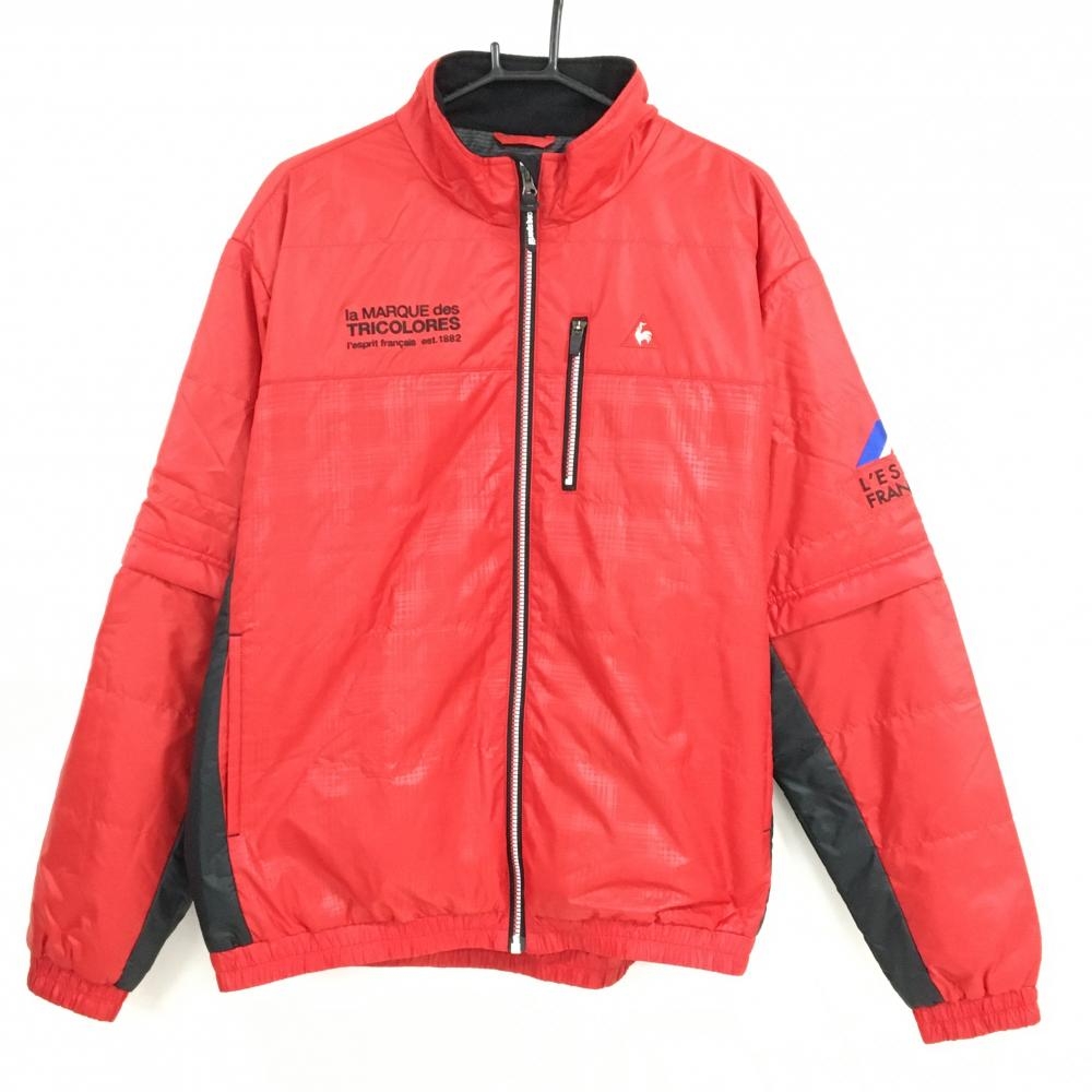 【美品】ルコックゴルフ 2WAY中綿ジャケット レッド×黒 身頃チェック地模様 袖着脱可 メンズ LL ゴルフウェア le coq sportif