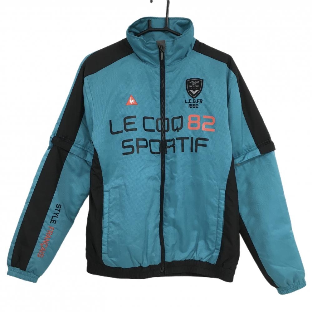 【美品】ルコックゴルフ 2WAY中綿ジャケット ブルーグリーン×黒 地模様 袖着脱可  メンズ M ゴルフウェア le coq sportif