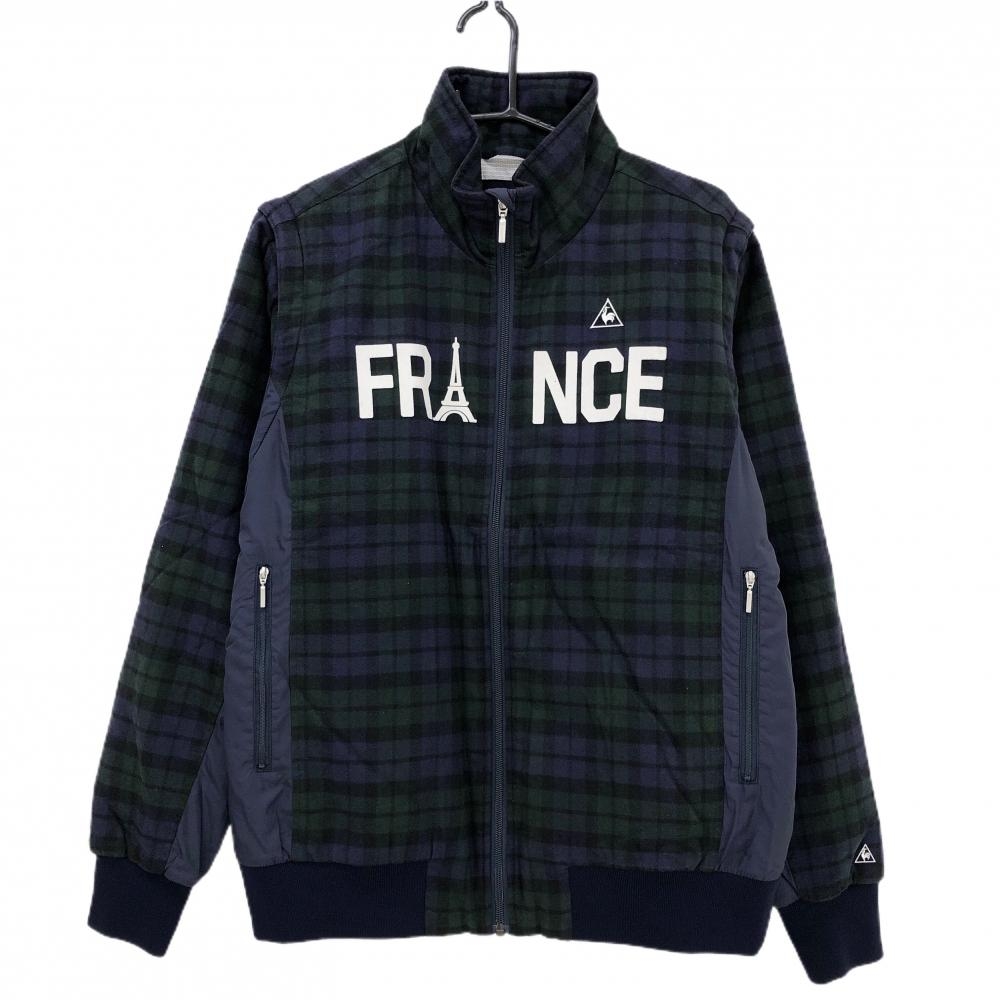【美品】ルコックゴルフ 2WAY中綿ジャケット グリーン×ネイビー チェック 表微起毛 袖着脱可 メンズ L ゴルフウェア le coq sportif