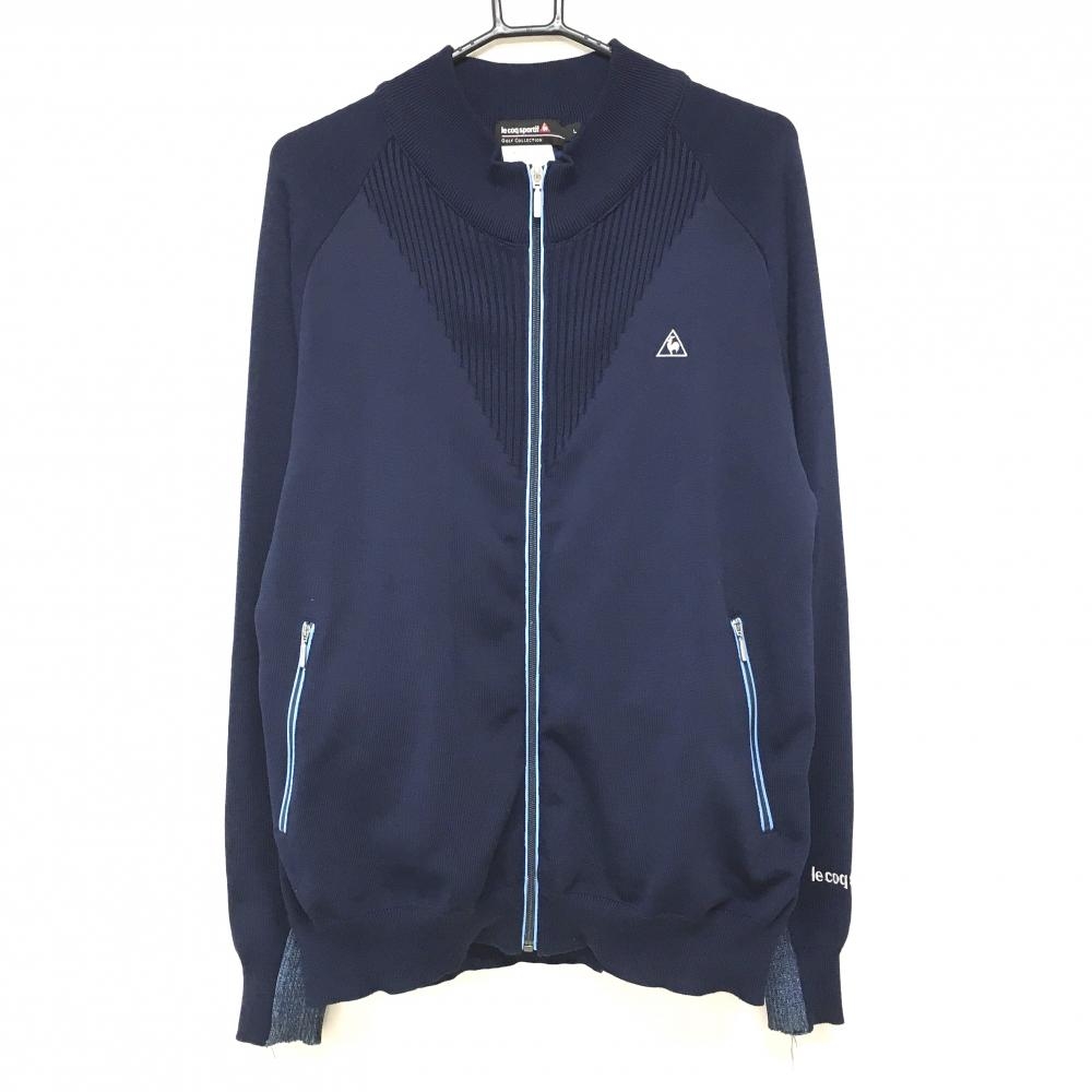 【美品】ルコックゴルフ 中綿ニットジャケット ネイビー×ライトブルー 背面内側中綿 メンズ L ゴルフウェア le coq sportif