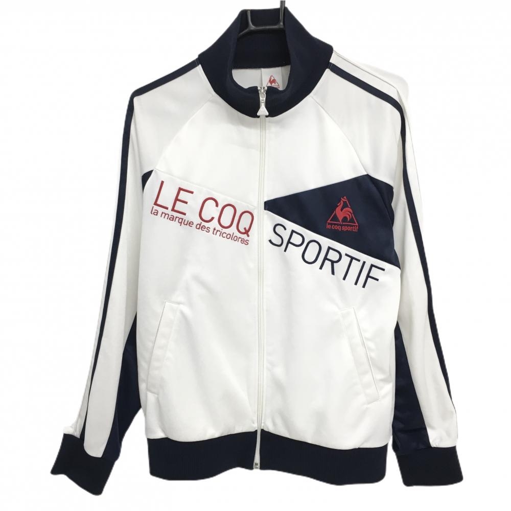 【美品】ルコック ジャケットブルゾン 白×ネイビー ロゴ刺しゅう メンズ L ゴルフウェア le coq sportif