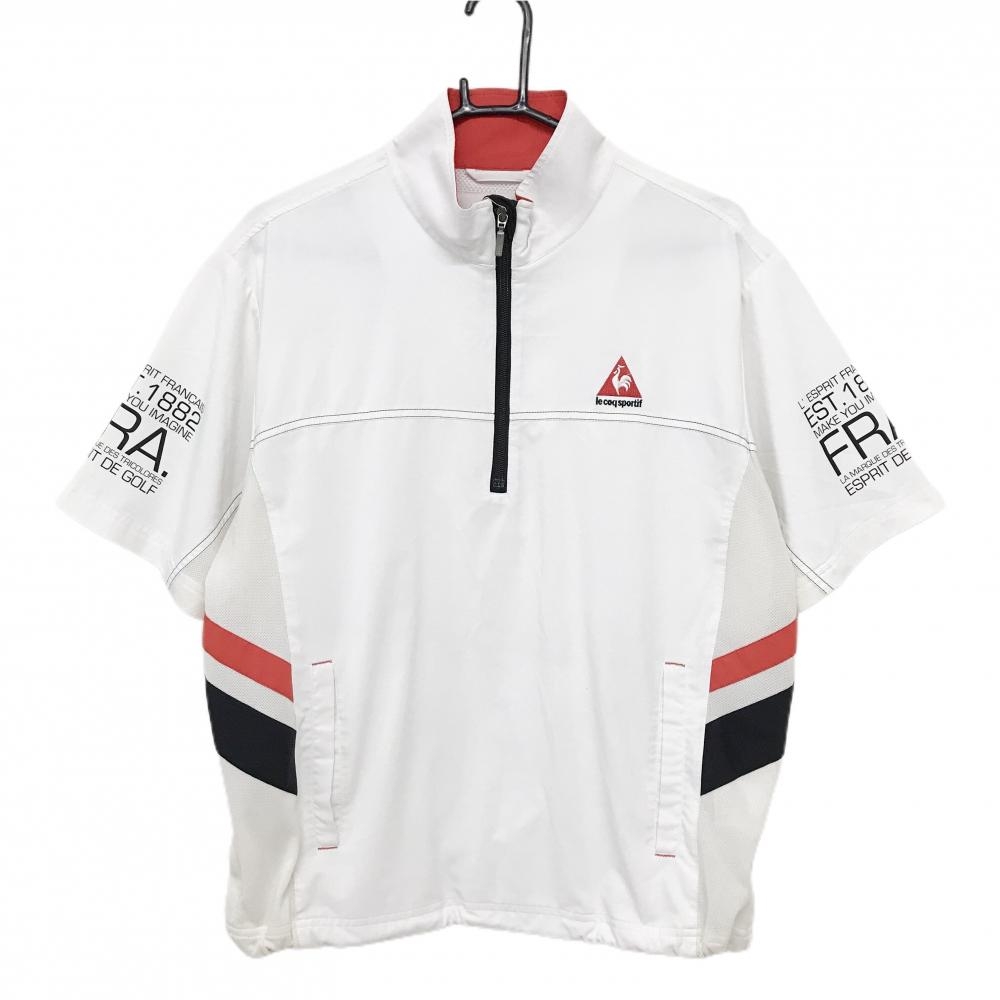 ルコックゴルフ 半袖ブルゾン 白×黒 ロゴレッド ハーフジップ 裾ドローコード メンズ M ゴルフウェア le coq sportif