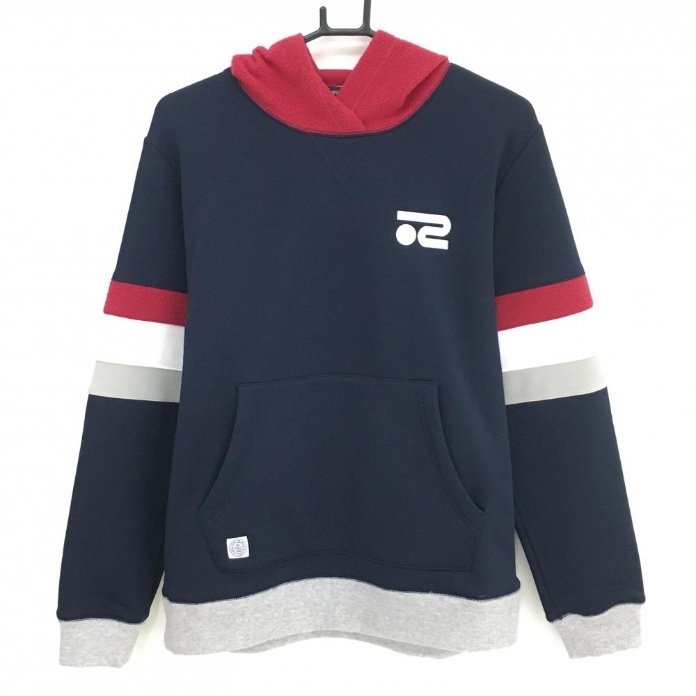 【美品】ロサーセン 切替パーカー ネイビー×レッド 一部起毛 ロゴ刺しゅう 裏起毛 メンズ L ゴルフウェア Rosasen