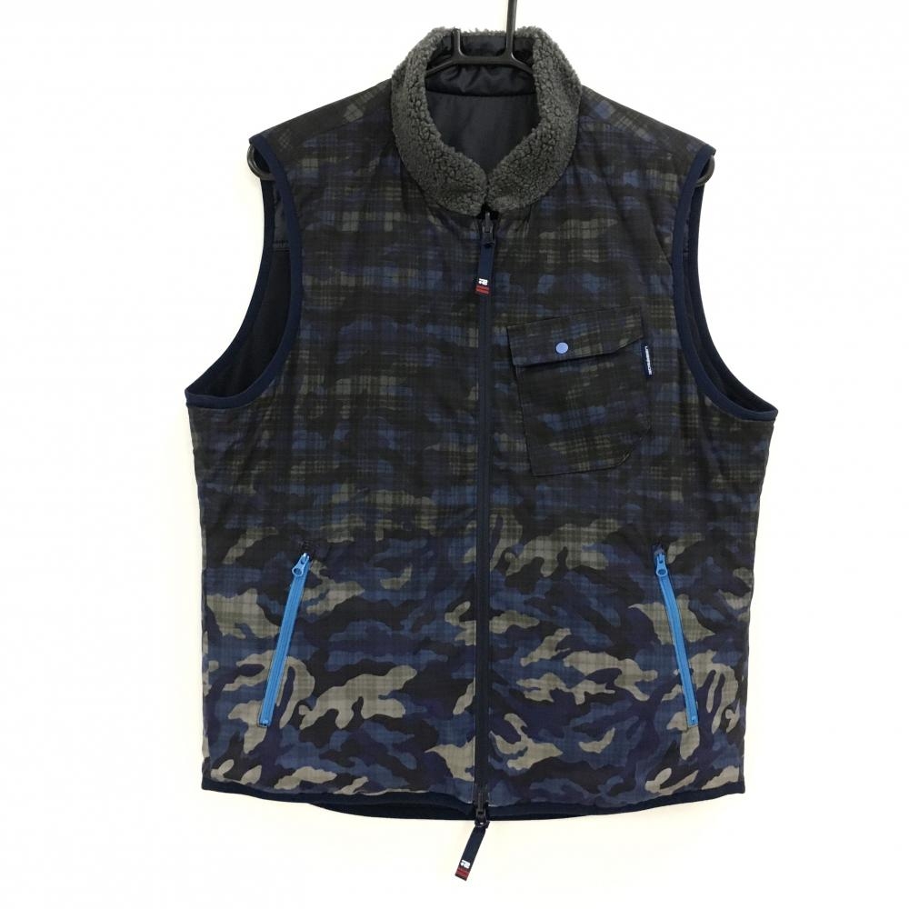 【超美品】ロサーセン 中綿リバーシブルベスト ネイビー×黒 迷彩 チェック カモフラ 裏無地 メンズ L ゴルフウェア Rosasen