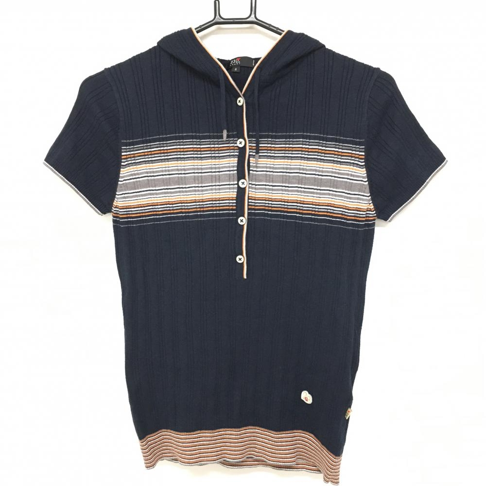 【美品】23区スポーツ フード付き半袖セーター ネイビー×オレンジ×グレー パーカー ニット  レディース II(L) ゴルフウェア 23区