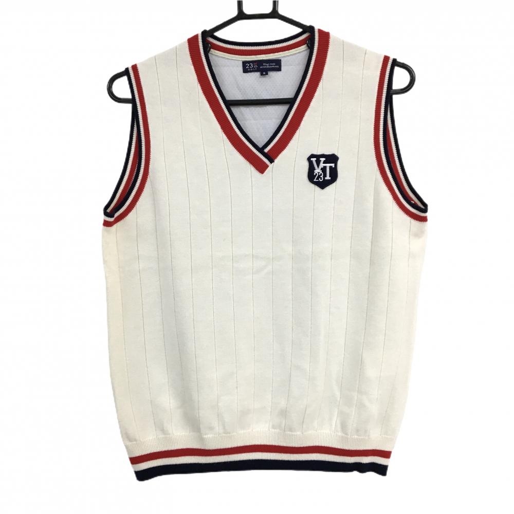 23区ゴルフ 中綿ベスト アイボリー×レッド Vネック 背面中綿 ロゴワッペン  レディース Ⅱ(L) ゴルフウェア 23区