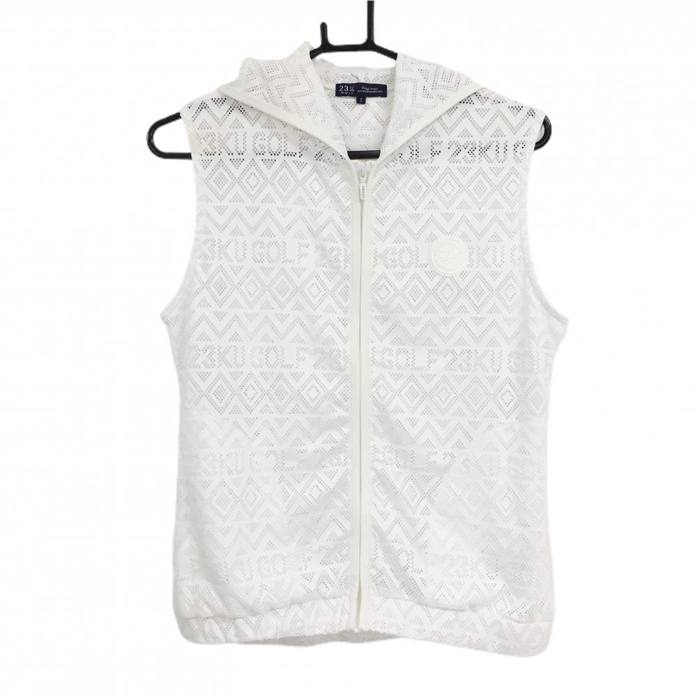 23区ゴルフ フード付きジップベスト 白 織生地 透け感 パーカー レディース I(M) ゴルフウェア 23区