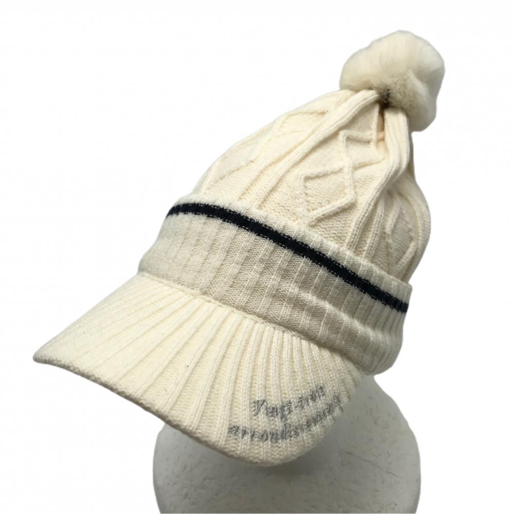 【美品】23区スポーツ 3WAYつば付きニット帽 白 サンバイザー ポンポン付ニット帽 ウール混  レディース F ゴルフウェア 23区