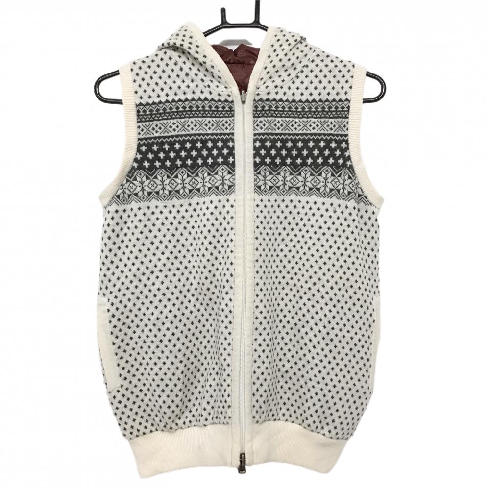 【美品】アシュワース フード付き中綿リバーシブルベスト アイボリー×ダークグレー 裏ボルドー 総柄 レディース M ゴルフウェア ASHWORTH