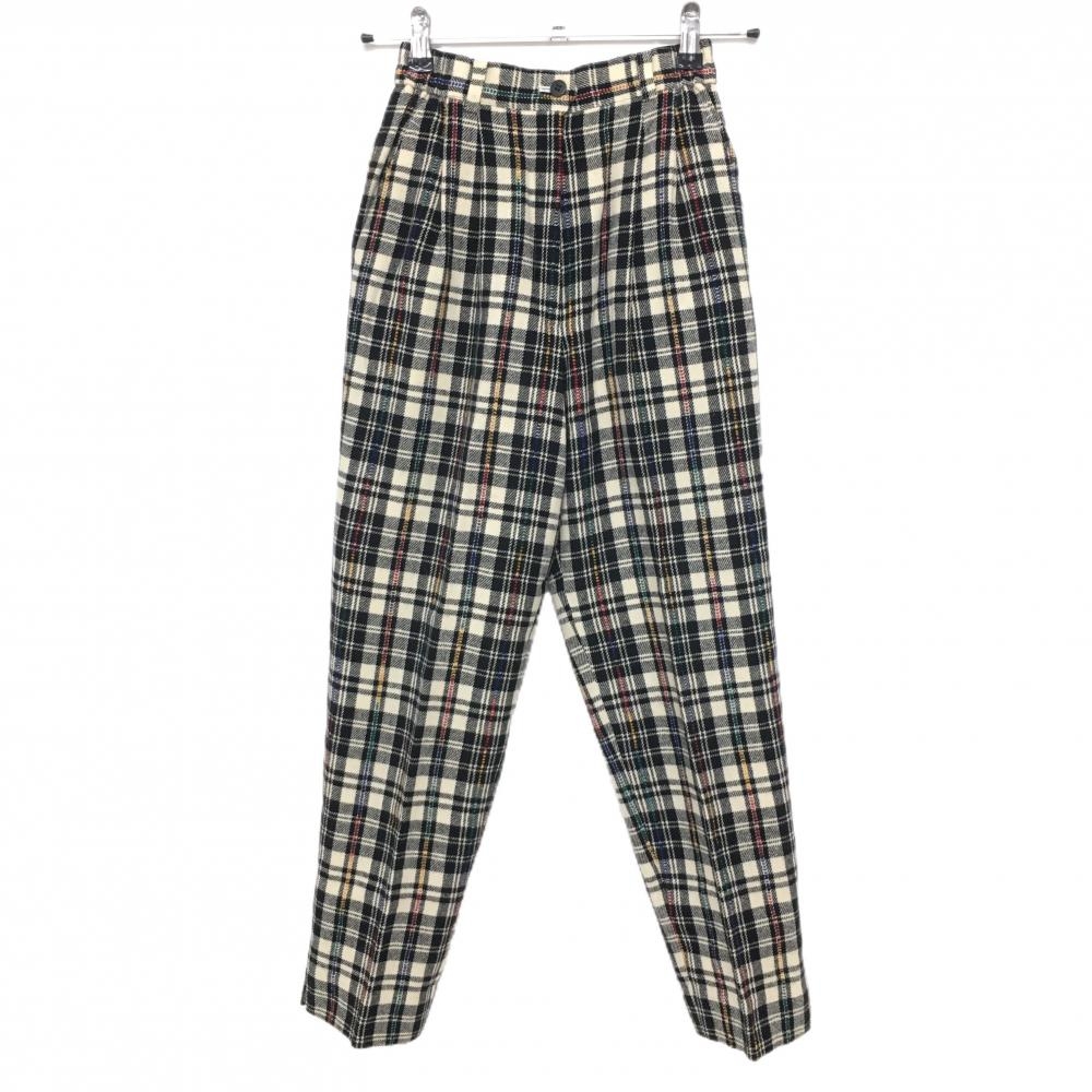 【超美品】アダバット パンツ ベージュ×黒 チェック ウール混 裏地付 レディース 0(S) ゴルフウェア adabat