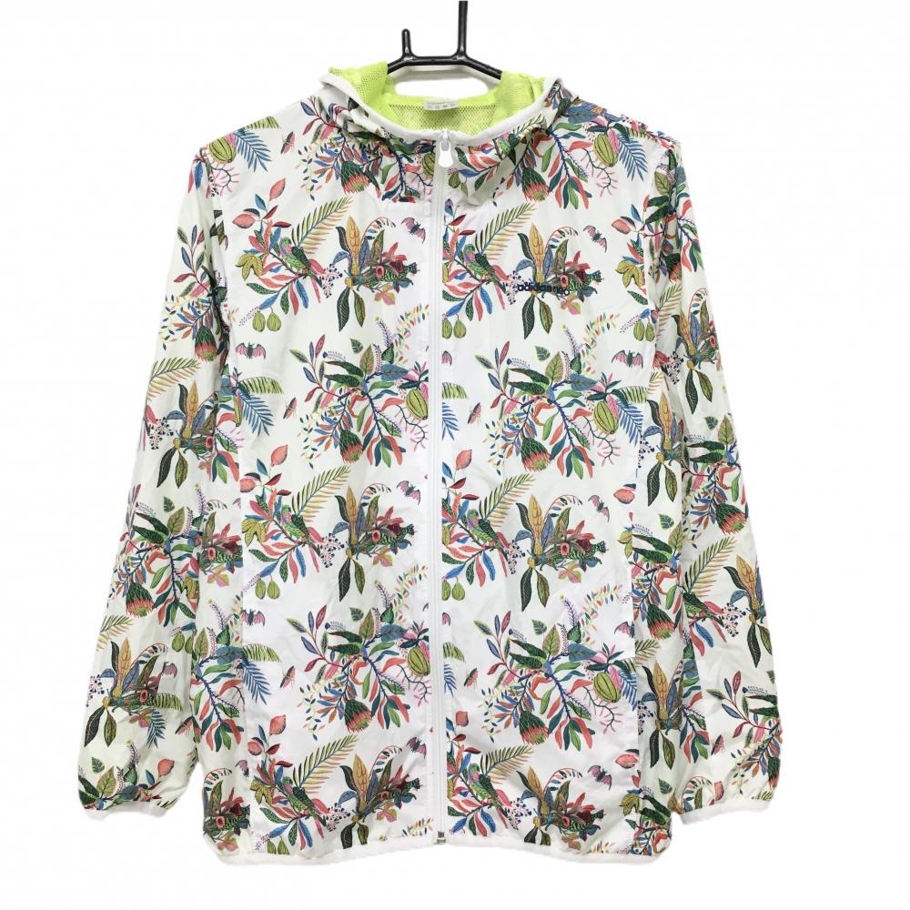 【美品】アディダスneo ジップパーカー 白×グリーン リーフ柄 動物 裏地メッシュ レディース OT ゴルフウェア adidas