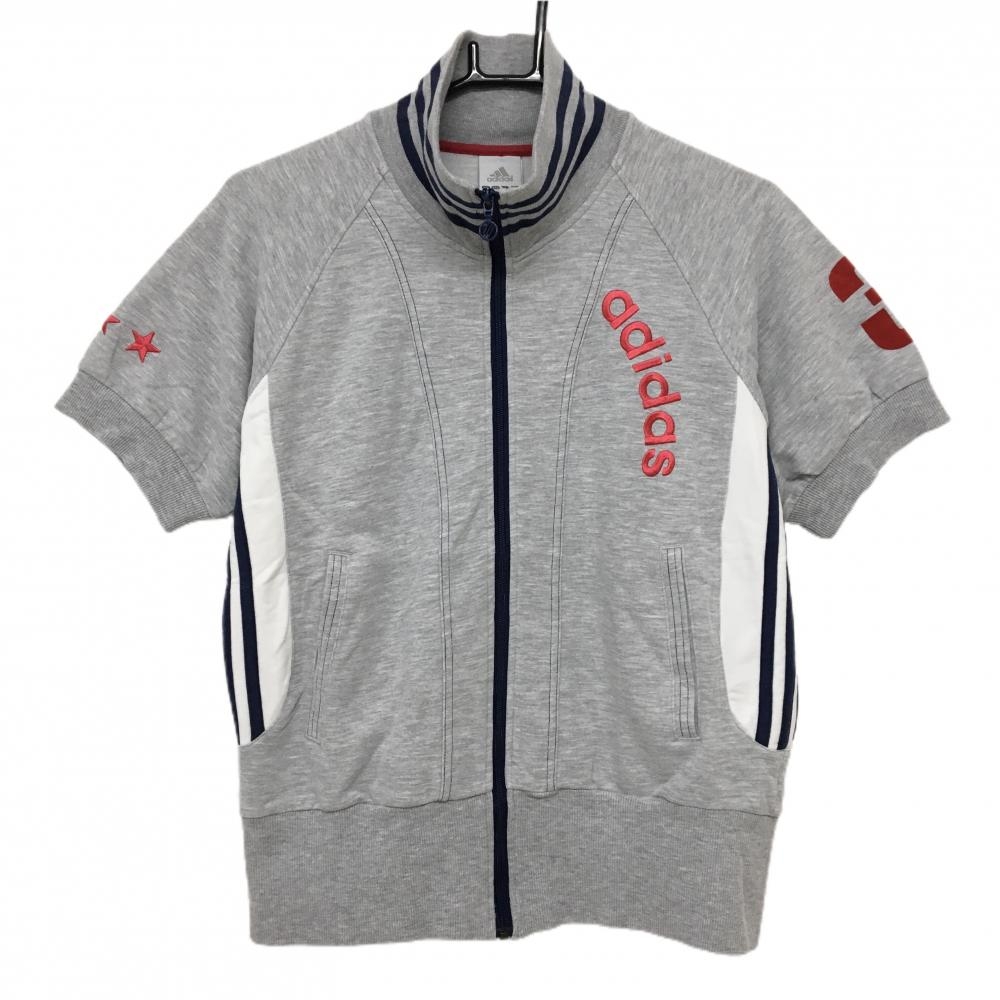 アディダス 半袖ジャケット 杢グレー×ネイビー ネック・サイド3ライン レディース OT(XL) ゴルフウェア adidas