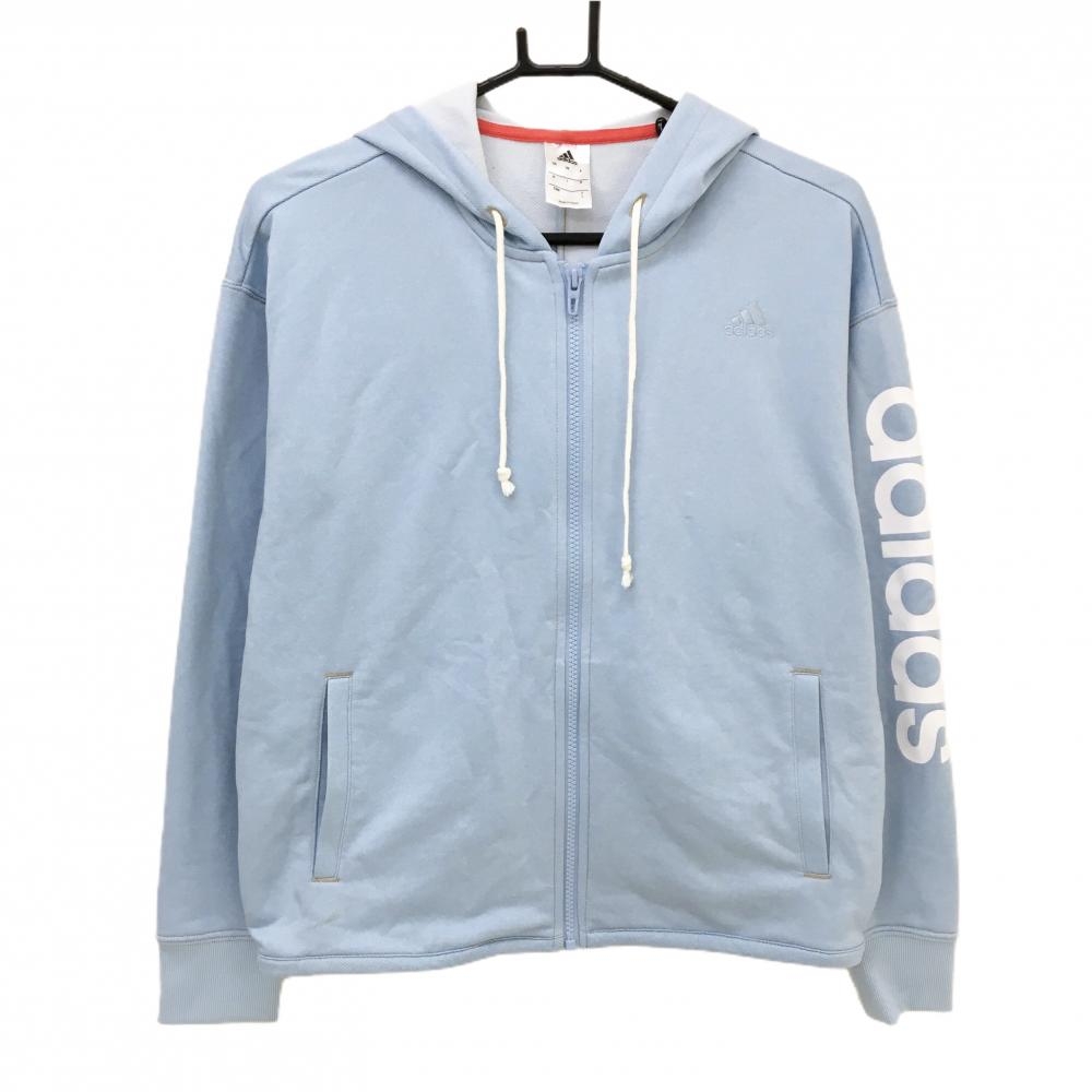 アディダス ジップパーカー ライトブルー×白 ロゴ刺しゅう 袖プリント レディース L ゴルフウェア adidas