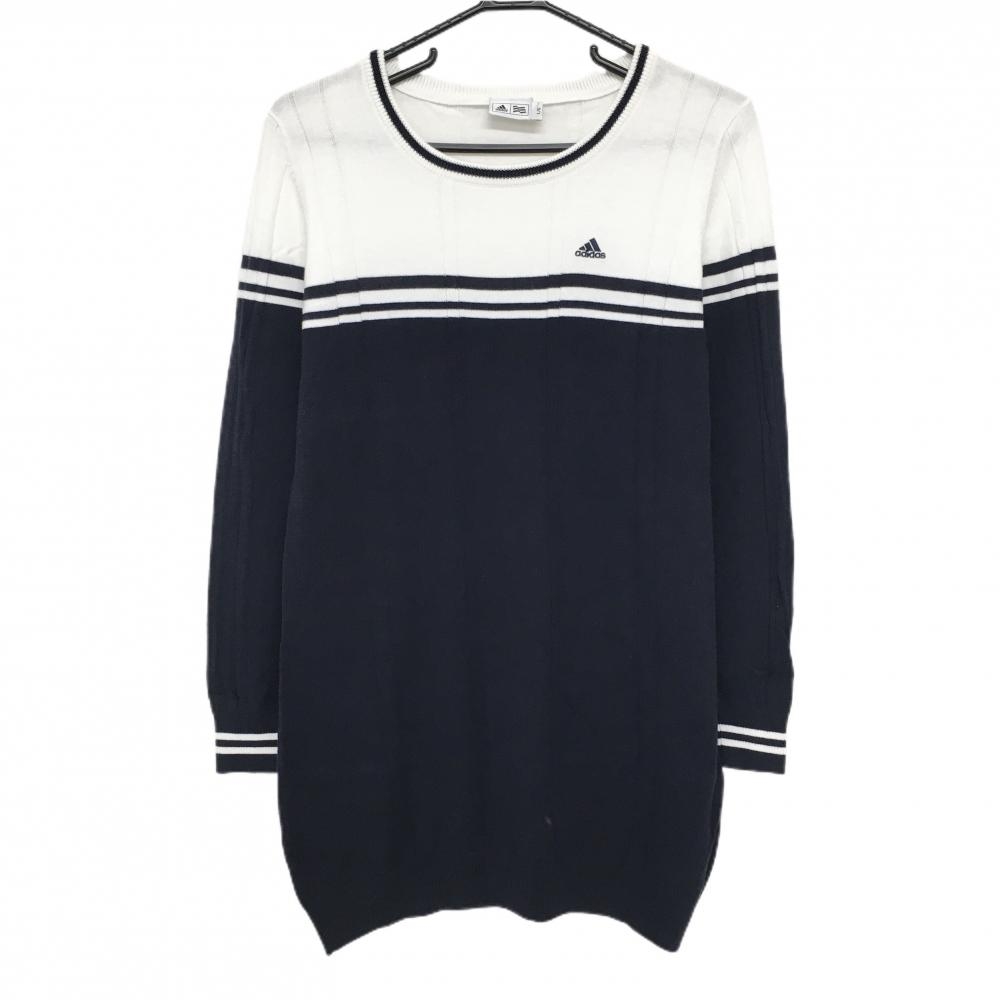【美品】アディダス 長袖ニットワンピース 白×ネイビー 胸元ライン コットン混 レディース L/G ゴルフウェア adidas