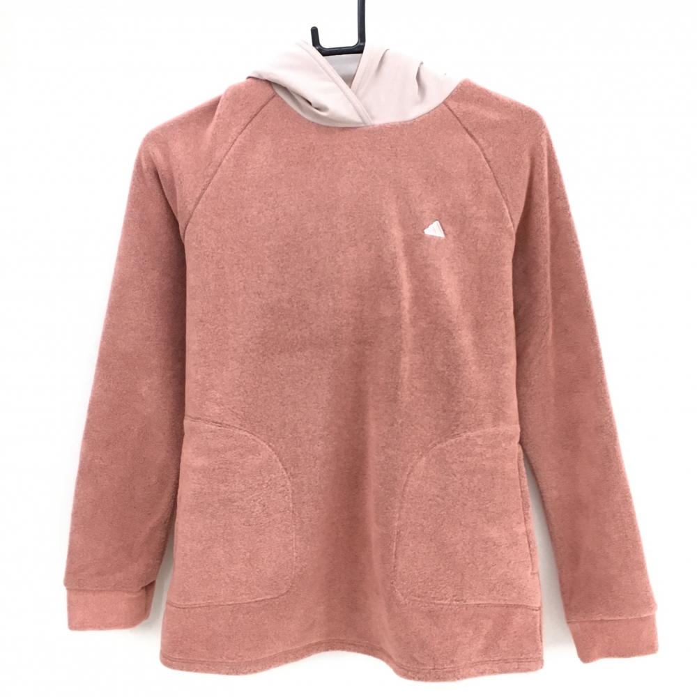 【超美品】アディダス フード付フリースパーカー ピンク×ベージュ フード切替  レディース L ゴルフウェア 2023年モデル adidas
