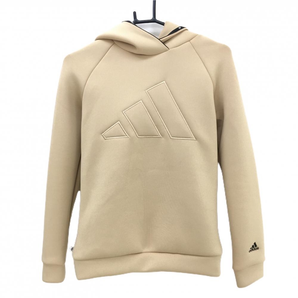 【美品】アディダス パーカー ベージュ ダンボールニット フロントロゴ レディース L ゴルフウェア adidas