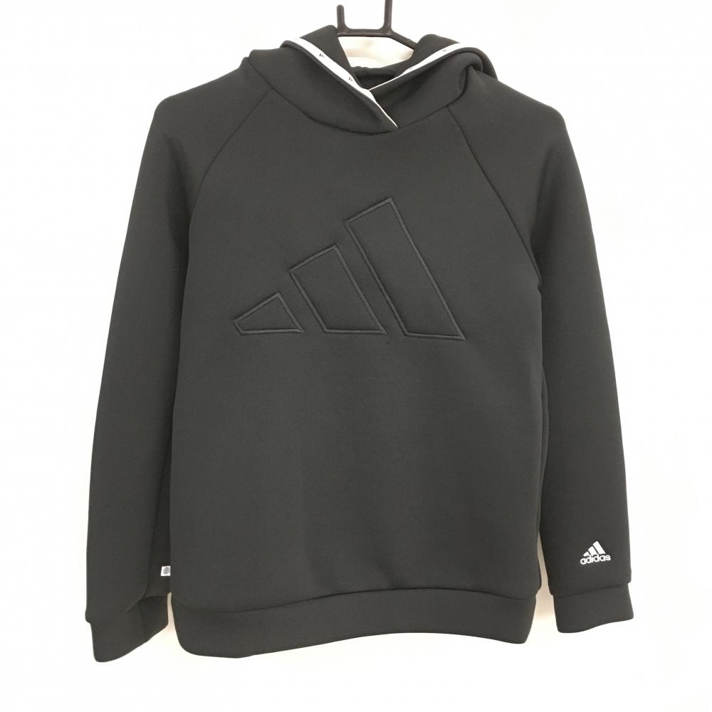 【美品】アディダス パーカー 黒 ダンボールニット フロントロゴ  レディース L ゴルフウェア adidas