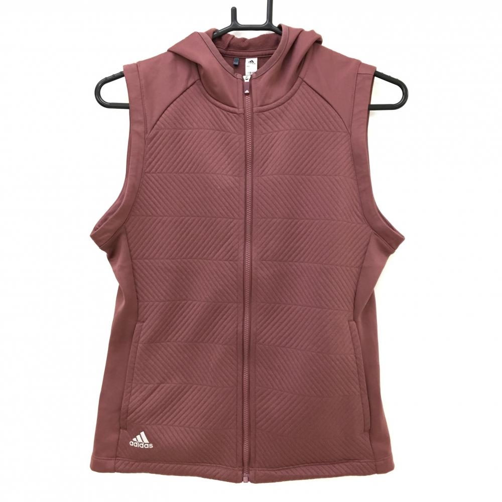 【美品】アディダス アウターベスト ボルドー 地模様 フード付き 裏起毛 レディース M ゴルフウェア adidas