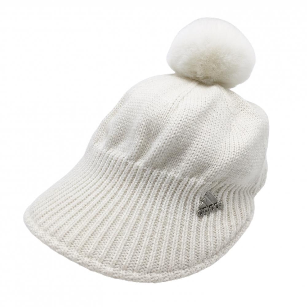 【超美品】アディダス つば付きニット帽 白 ウール混 ファーポンポン付 レディース フリーサイズ ゴルフウェア adidas