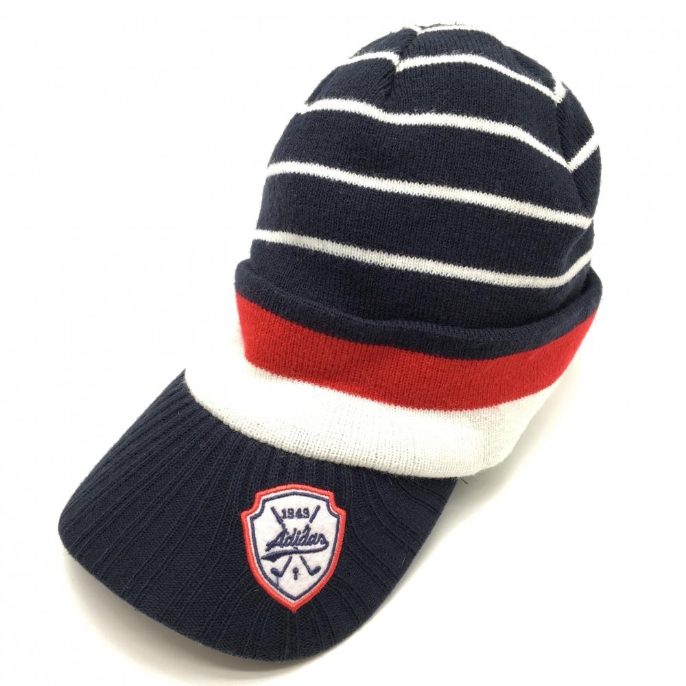 【美品】アディダス つば付ニット帽 ネイビー×白 ボーダー アクリル100％ レディース フリー(57-59cm) ゴルフウェア adidas