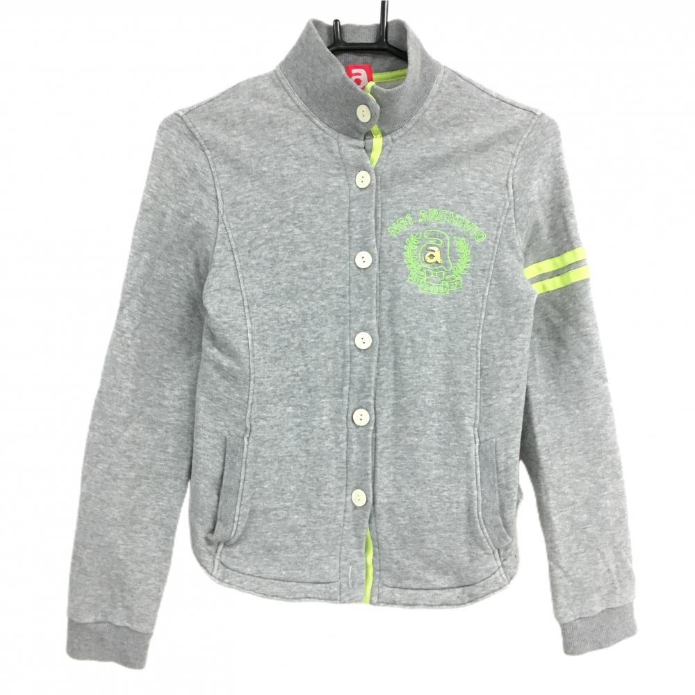 アルチビオ ジャケット 杢グレー×蛍光グリーン系 ボタン ハイネック 胸ロゴ  レディース 38(M) ゴルフウェア archivio