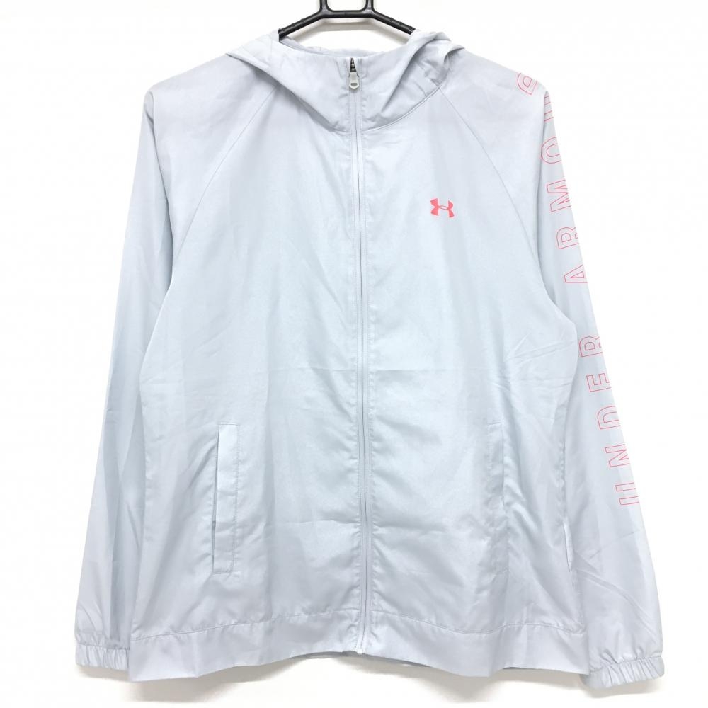 【美品】アンダーアーマー ジップパーカー ライトグレー×レッドピンク ロゴプリント 薄手 レディース XL/TG/EG ゴルフウェア UNDER ARMOUR
