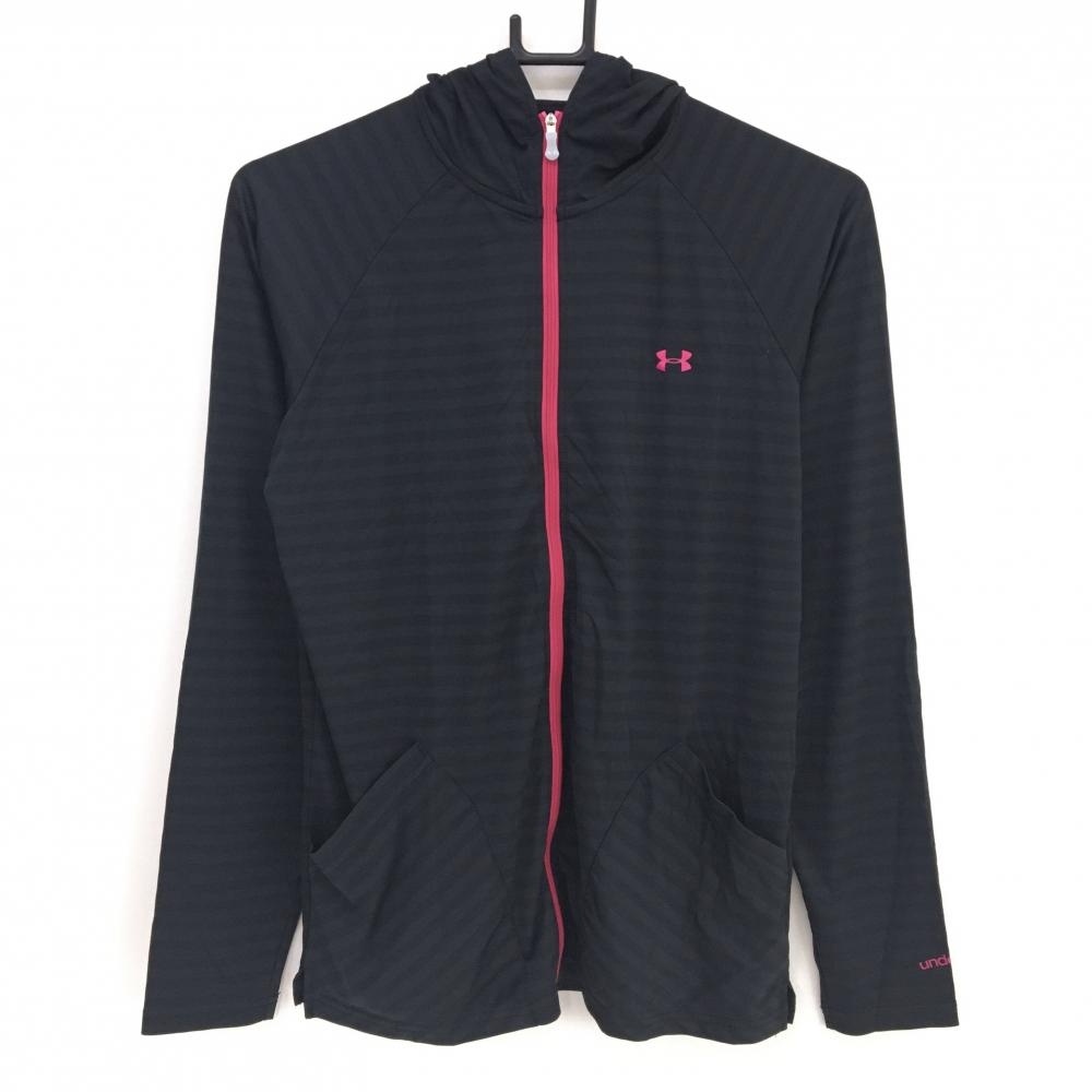 【美品】アンダーアーマー ジップパーカー 黒×ピンク ボーダー地模様 ブルゾン  レディース LG ゴルフウェア UNDER ARMOUR