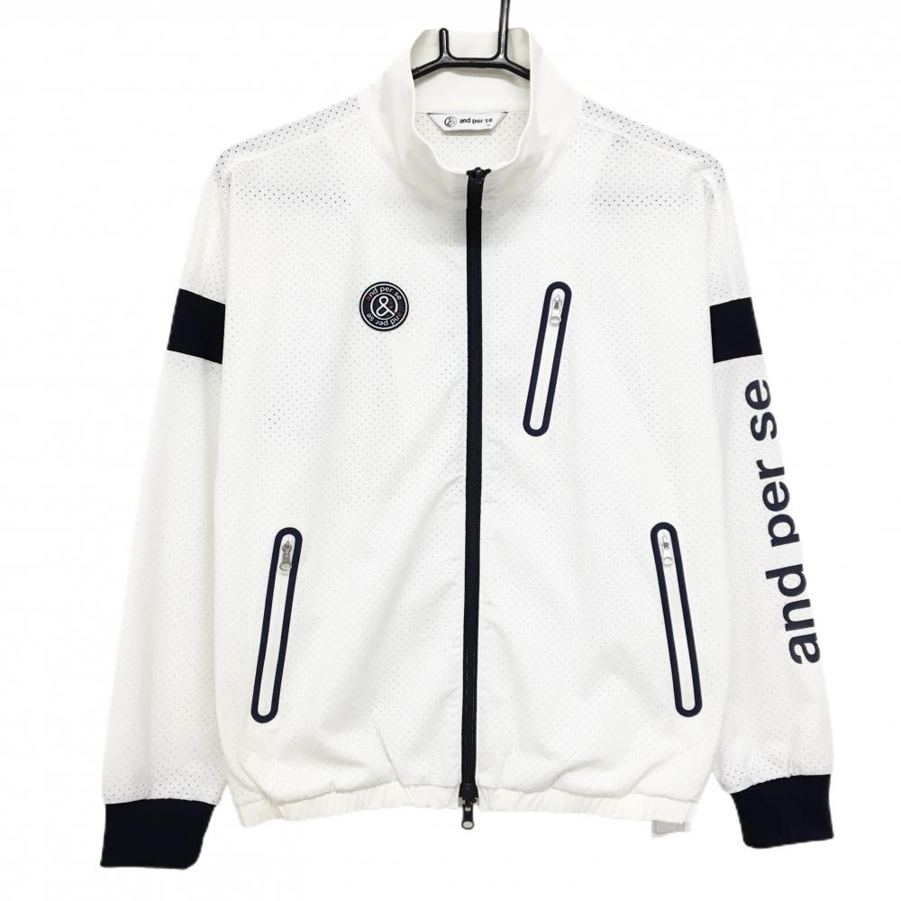 【美品】アンパスィ ジャケットブルゾン 白×ネイビー パンチング 袖ロゴプリント レディース M ゴルフウェア and per se