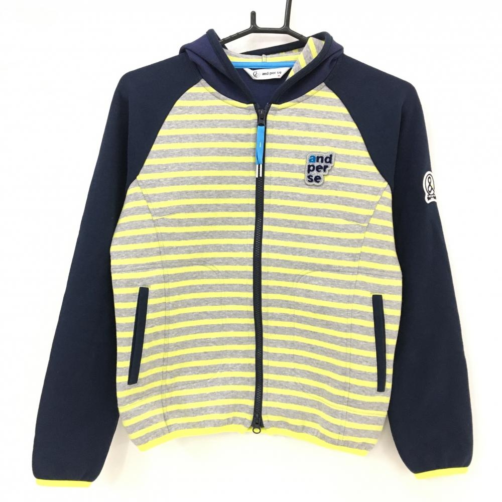 アンパスィ ジップパーカー ネイビー×杢グレー イエローボーダー ロゴワッペン レディース M ゴルフウェア and per se