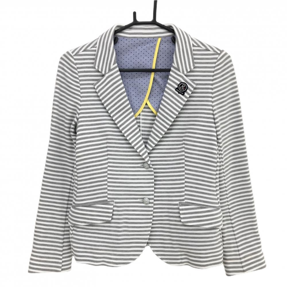 【超美品】アンパスィ テーラードジャケット 白×グレー ボーダー 襟ワッペン コットン100％ レディース M ゴルフウェア and per se