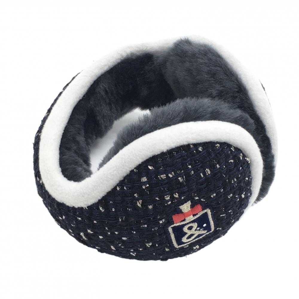 【超美品】アンパスィ イヤーマフ ネイビー×白 ツイード風 内側ファー レディース  ゴルフウェア and per se
