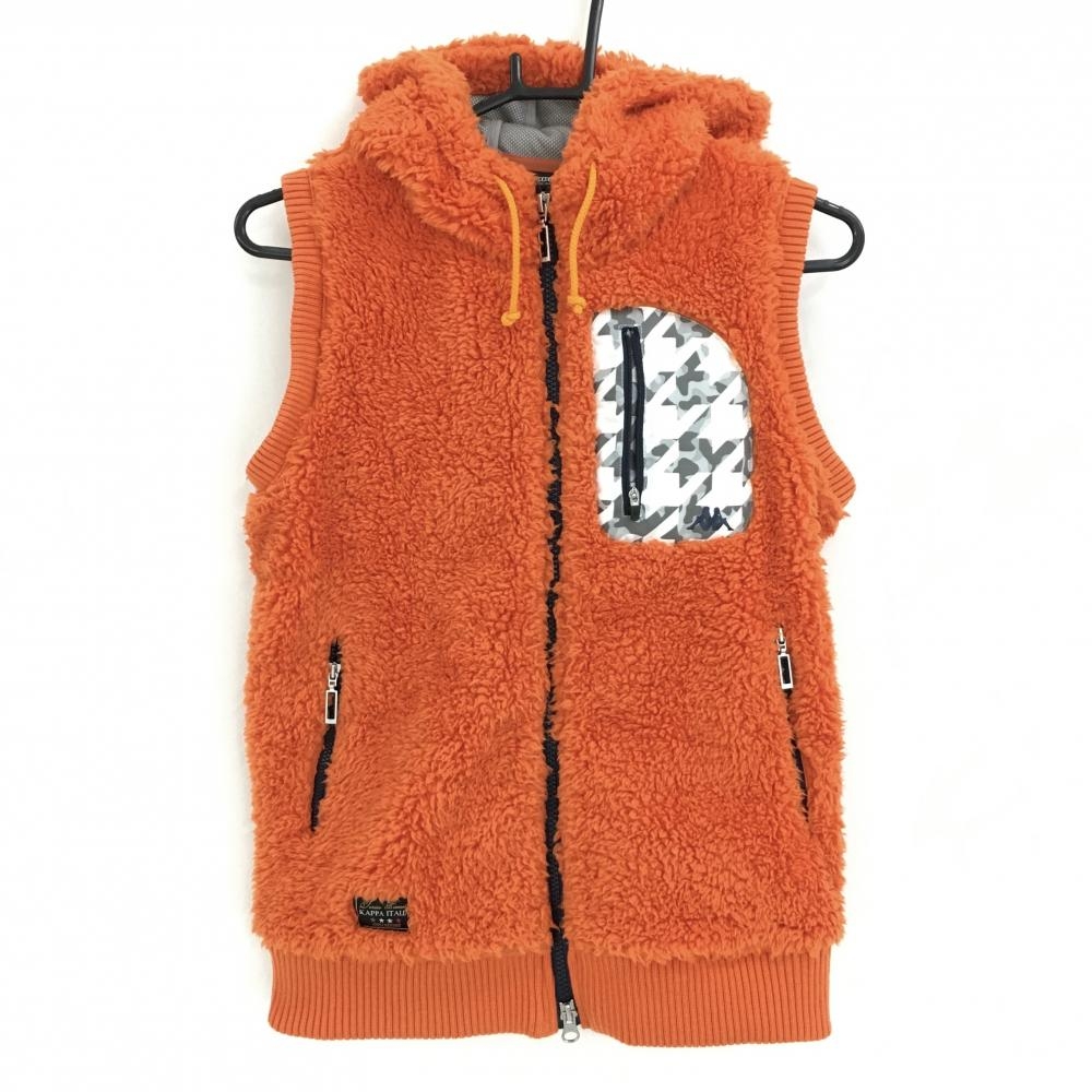 【超美品】カッパ ボアベスト オレンジ×ネイビー ダブルジップ 胸ポケット フード付き レディース M ゴルフウェア Kappa