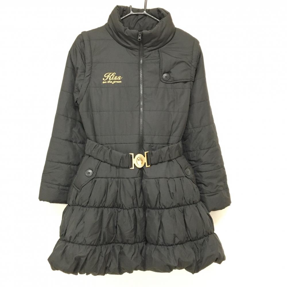 キスオンザグリーン 中綿ロングジャケット 黒 ロゴ刺しゅう ベルト付 レディース M ゴルフウェア kiss on the green