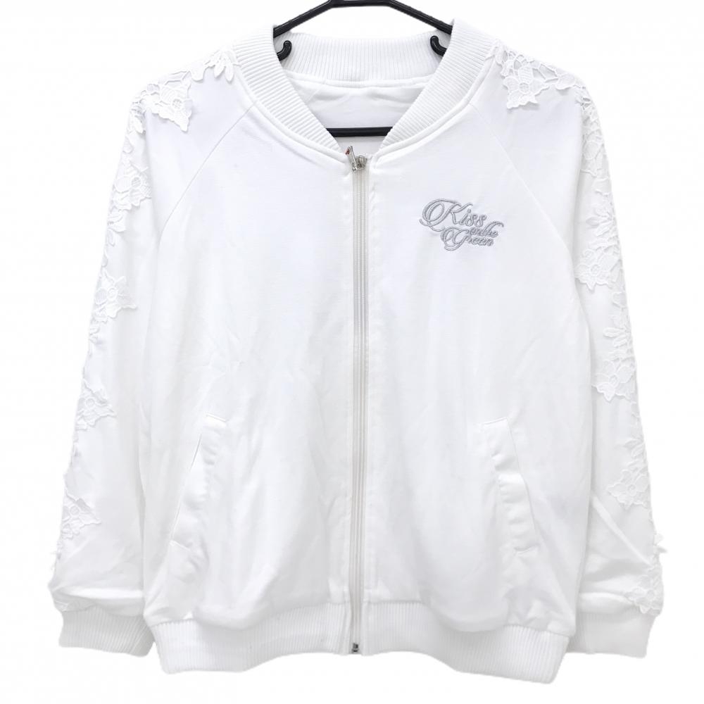【新品】キスオンザグリーン ジャケットブルゾン 白 袖花柄レース 裏地付 レディース 2(M) ゴルフウェア kiss on the green