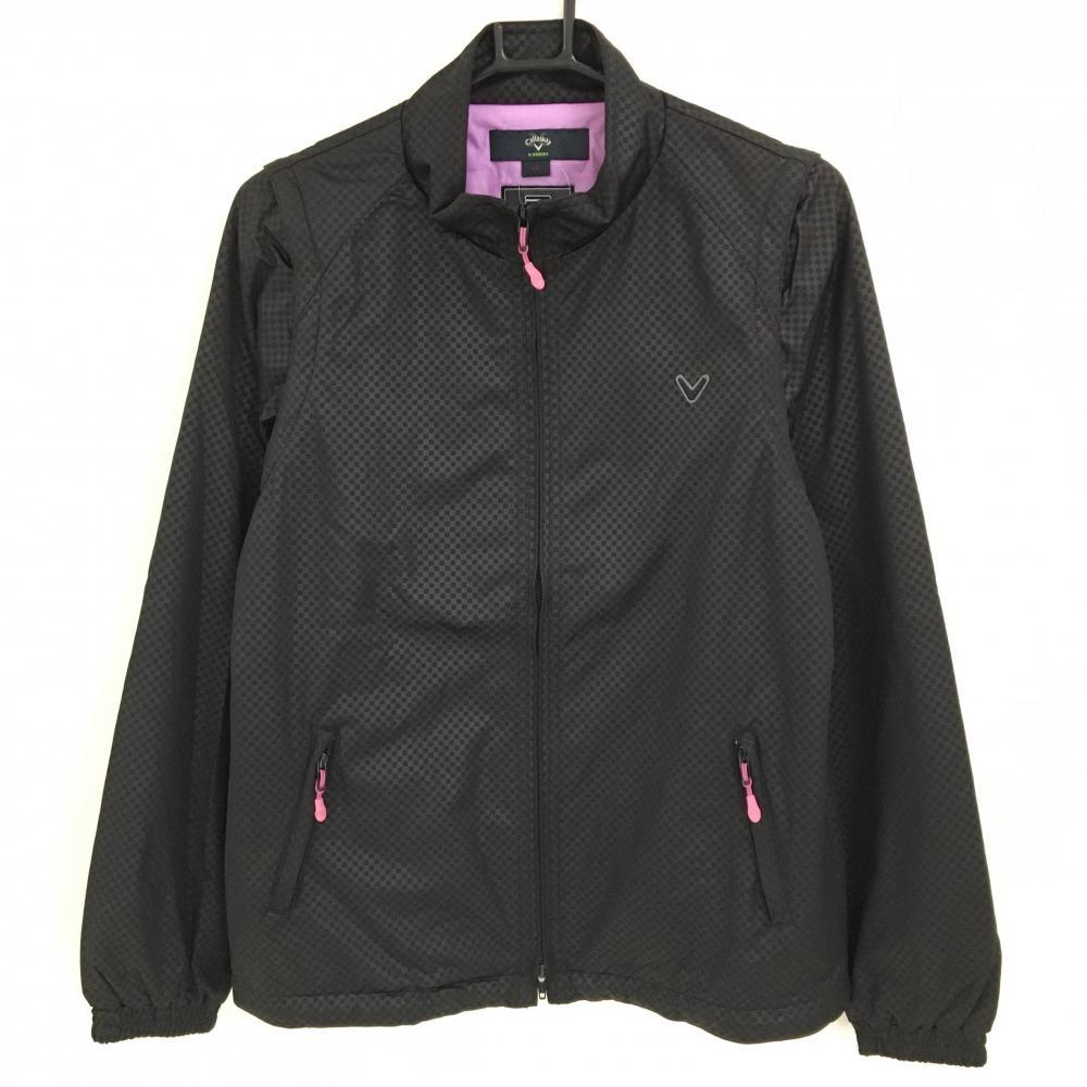 【超美品】キャロウェイ 2WAY中綿ジャケット 黒 ブロック柄地模様 袖着脱可 ロゴワッペン レディース LL ゴルフウェア Callaway