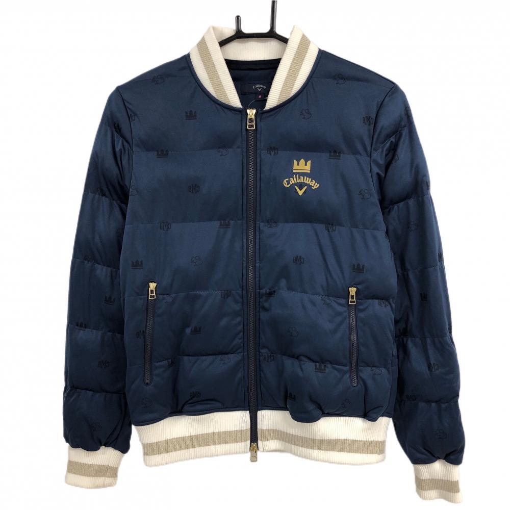 【美品】キャロウェイ 中綿ジャケット ネイビー 総柄 ネック・袖口・裾ニット レディース M ゴルフウェア Callaway