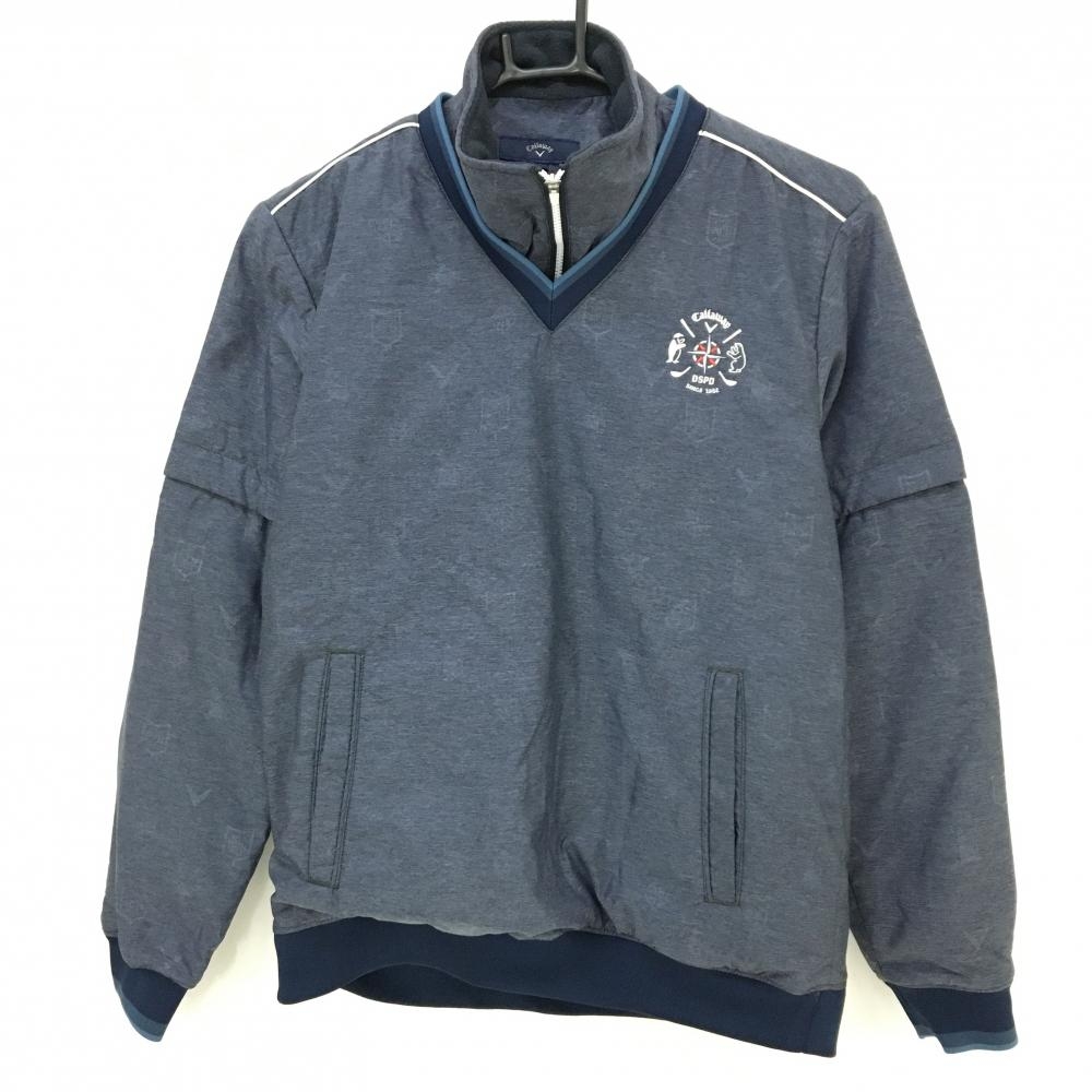 【超美品】キャロウェイ 4WAY中綿スニード ネイビー 地模様 ロゴ刺しゅう ネック・袖着脱可 ブルゾン レディース L ゴルフウェア Callaway