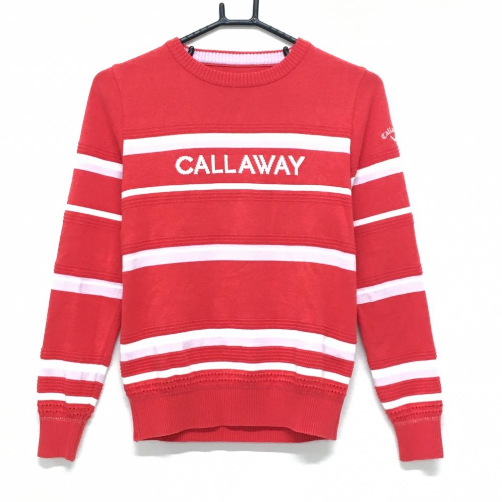 【美品】キャロウェイ セーター レッド×白 ボーダー 一部凹凸編み ニット レディース S ゴルフウェア Callaway