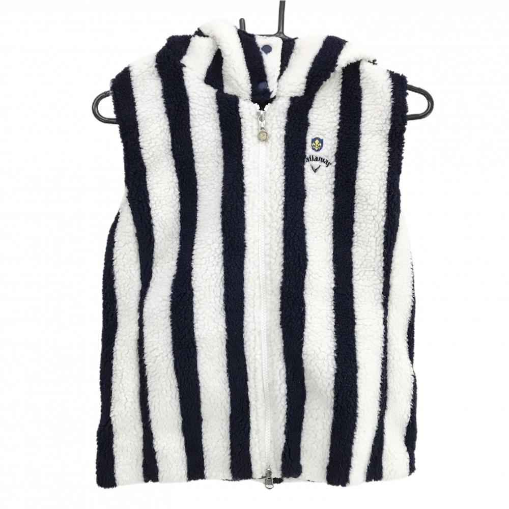 【超美品】キャロウェイ 中綿ボアベスト 白×ネイビー ストライプ フード付 レディース M ゴルフウェア Callaway
