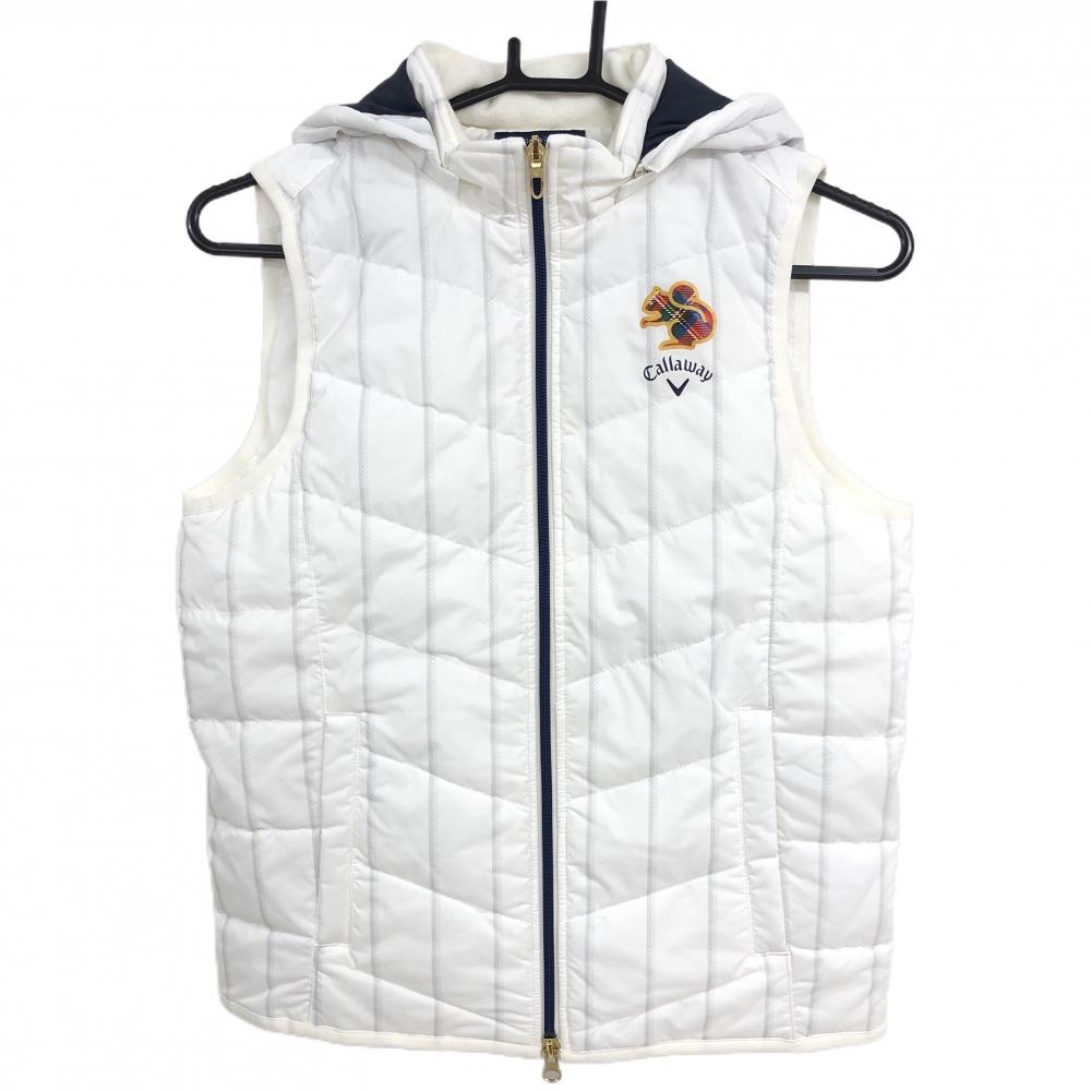 【超美品】キャロウェイ 2WAY中綿ベスト 白×ライトグレー ストライプ フード着脱可 レディース M ゴルフウェア Callaway