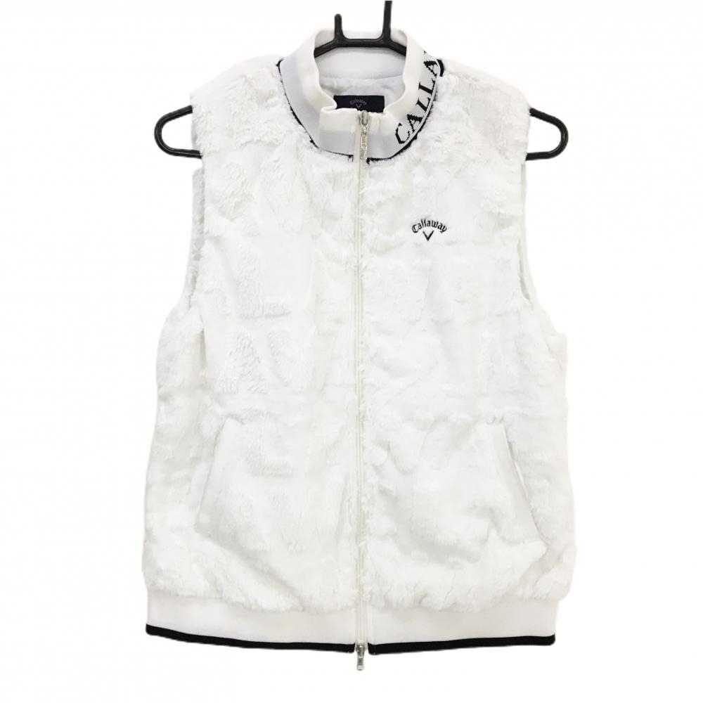 キャロウェイ ファーベスト 白 英字総柄織生地 ダブルジップ ロゴ黒 レディース LL ゴルフウェア Callaway