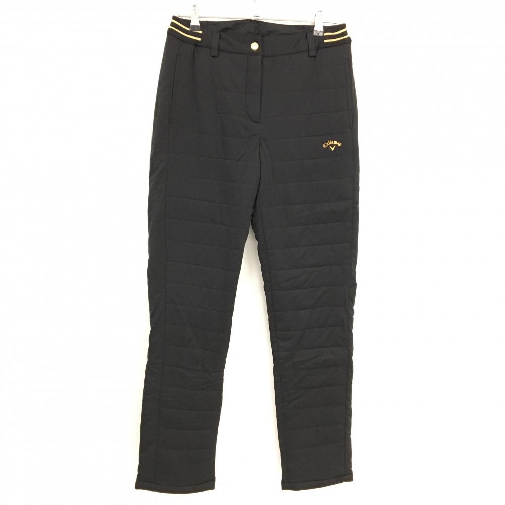 【超美品】キャロウェイ 中綿パンツ 黒×ゴールド キルティング ウエストライン ロゴプリント レディース L ゴルフウェア Callaway